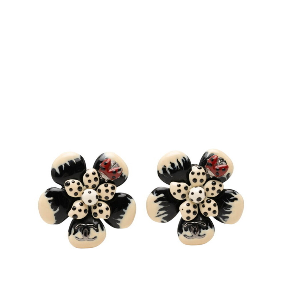 Chanel Coco Mark Camellia Earrings 06P Silver White Black Plastic Metal Women...
